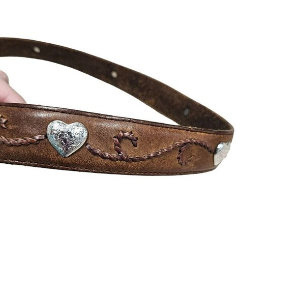 Tony Lama Rustic Leather Belt‎ Embossed Heart Concho Accents Silver Buckle sz 30 - Picture 2 of 14